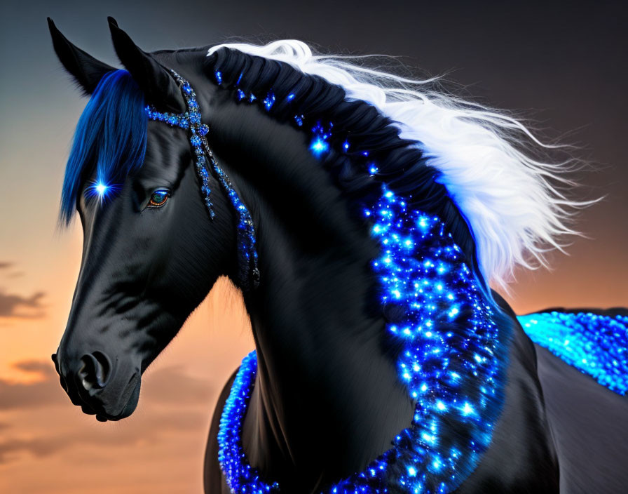 Majestic black horse with blue eyes and mane in sparkling adornments