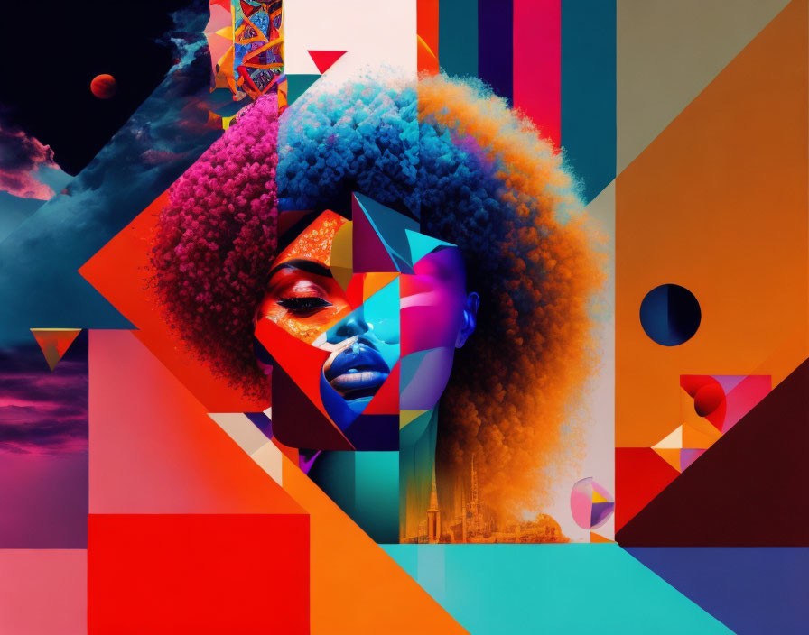 Colorful geometric digital collage with woman's face and abstract elements