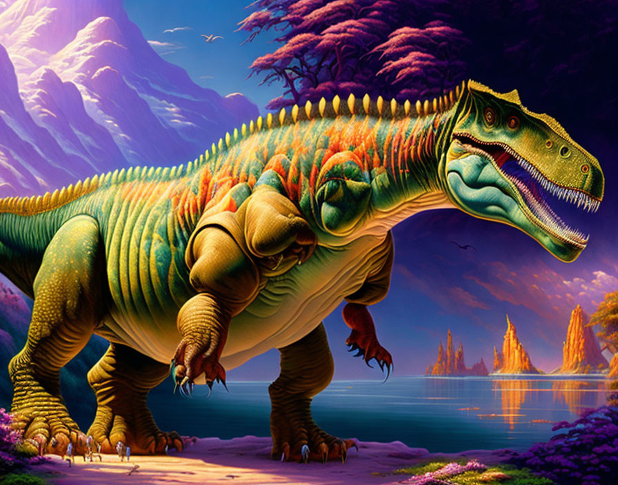Vibrant dinosaur illustration in prehistoric landscape