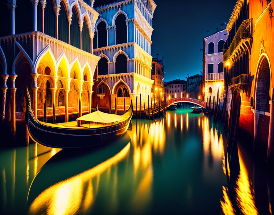 Twilight scene of gondola on tranquil Venice canal