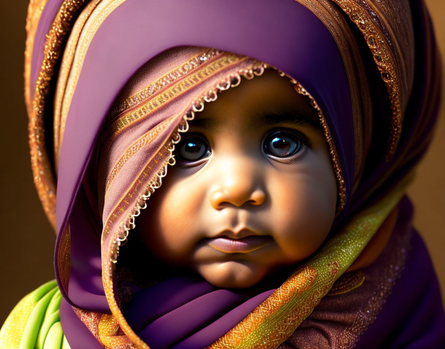 Baby with expressive eyes in colorful hijab.