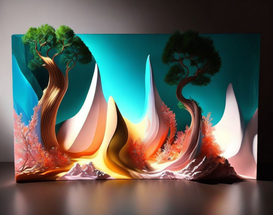 Colorful Abstract Artwork: Tree Forms and Wave-like Shapes in Orange, Green, and White