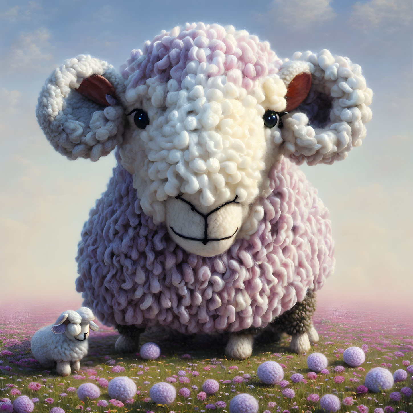 Illustration of oversized pink sheep in pink flower field