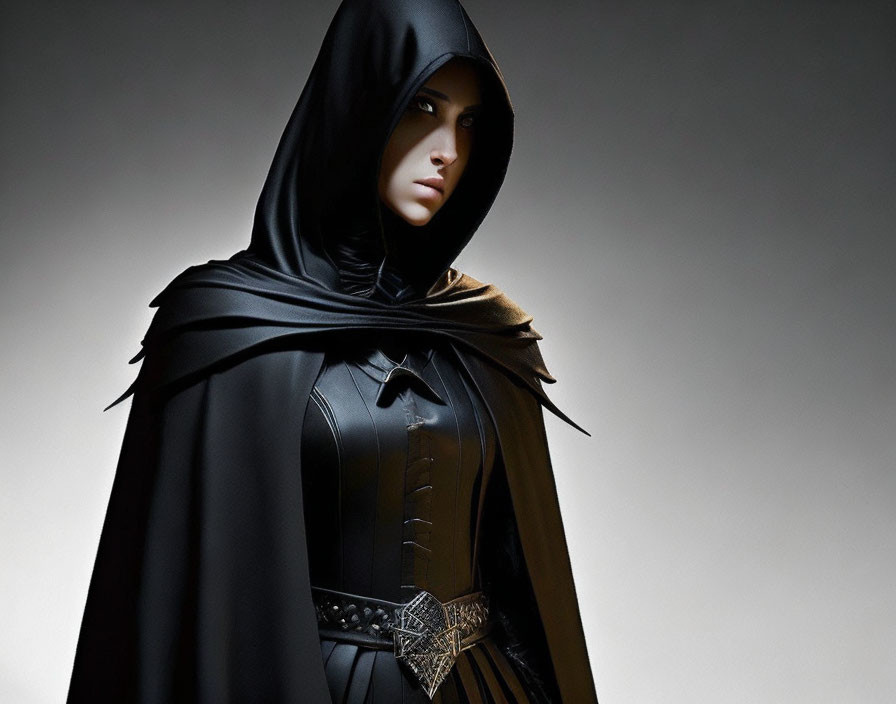 Mysterious figure in black cloak with intense eyes and metallic shoulder emblem