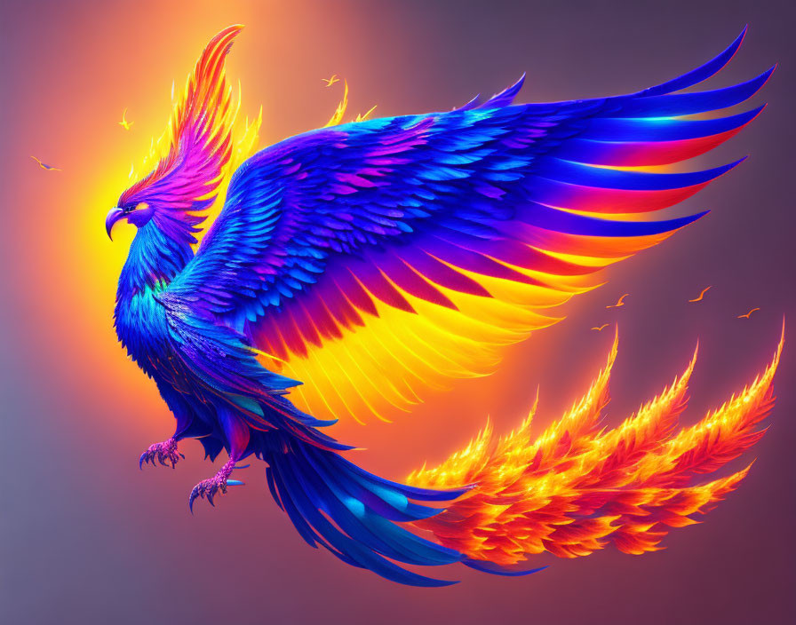 Colorful Phoenix Digital Artwork with Blue and Orange Plumage