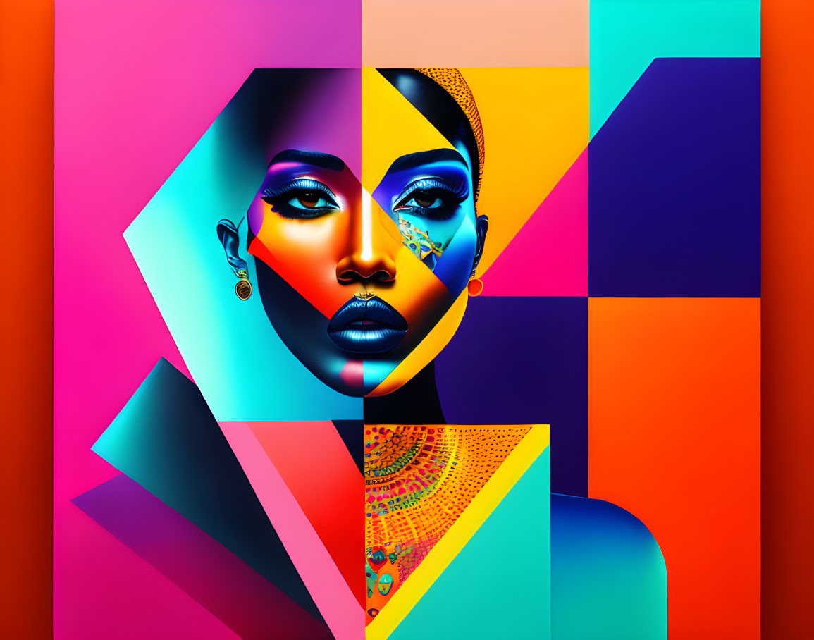 Colorful Abstract Portrait of Woman with Geometric Patterns