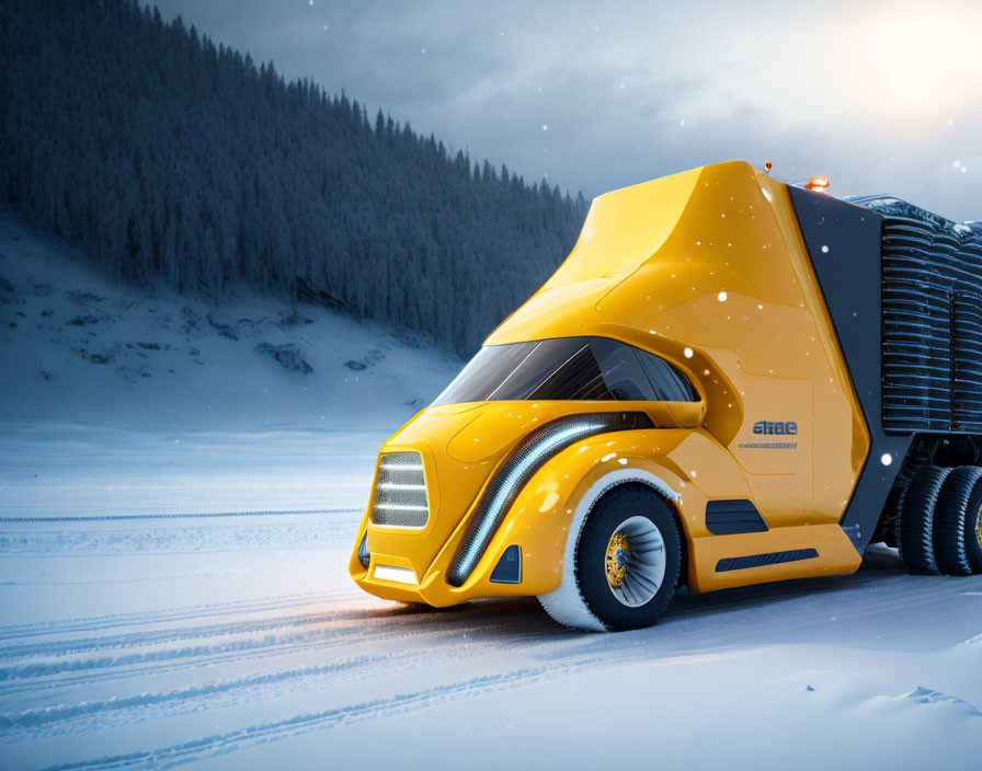 Yellow Futuristic Truck on Snowy Road with Pine Trees and Snowflakes