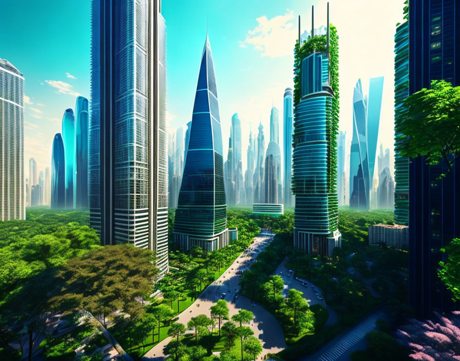 Futuristic cityscape with skyscrapers and greenery under clear blue skies
