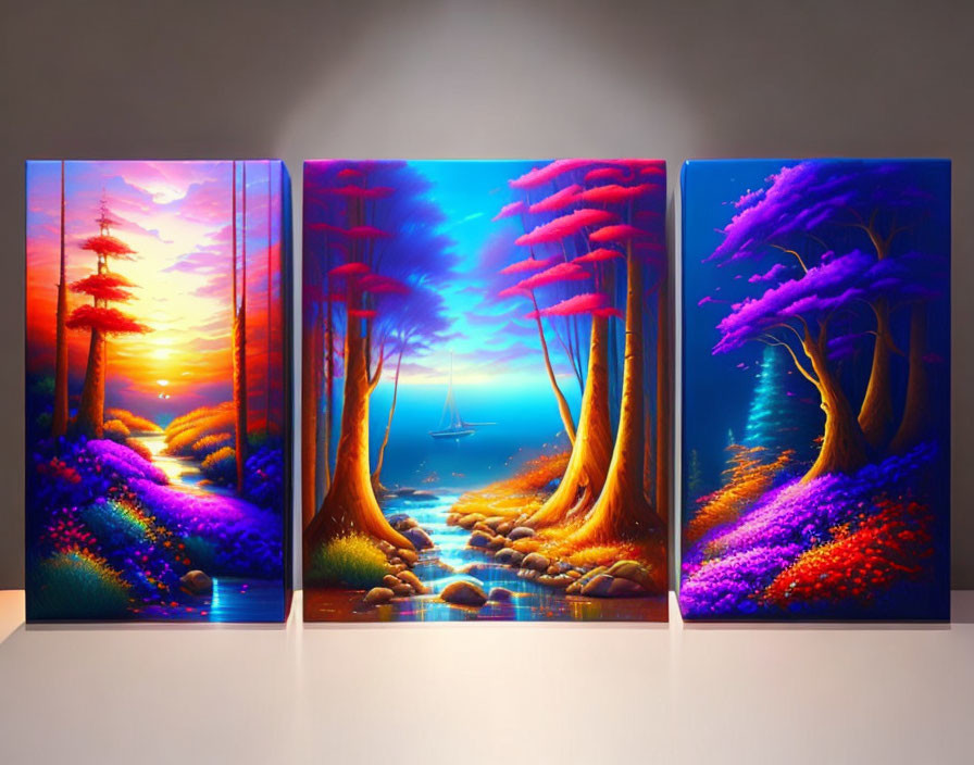 Colorful Three-Panel Wall Art: Surreal Forest, Water, Sailboat