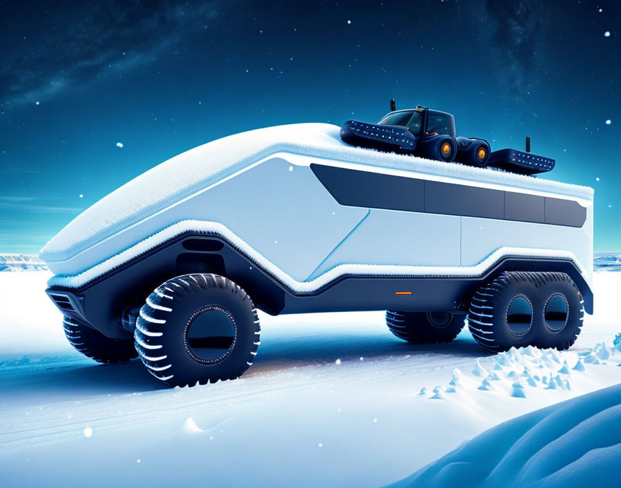 Snow-covered all-terrain vehicle under starlit sky on snowy terrain