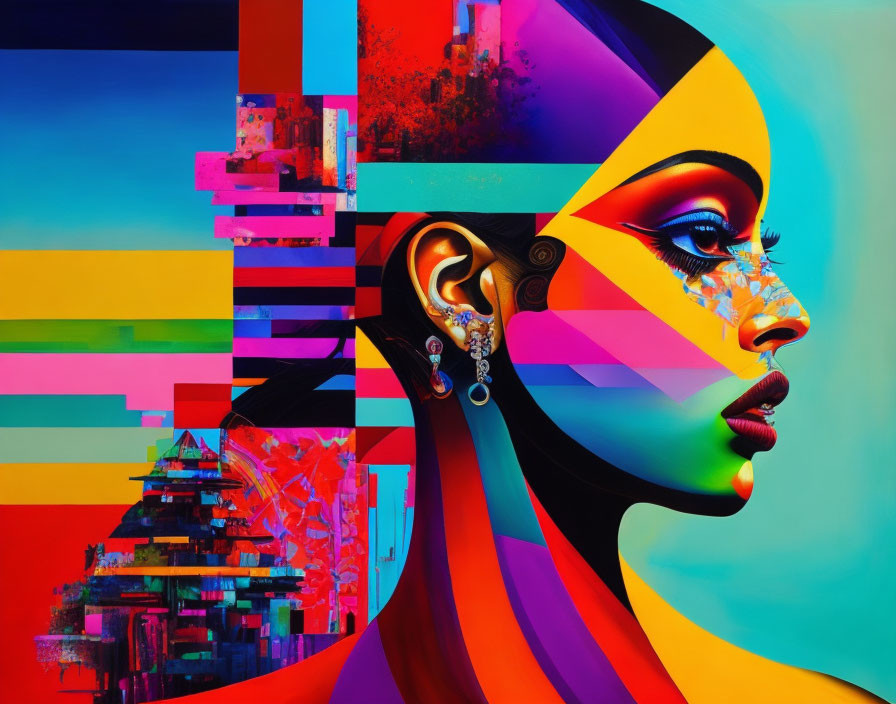 Colorful digital artwork of woman's profile with abstract geometric background.
