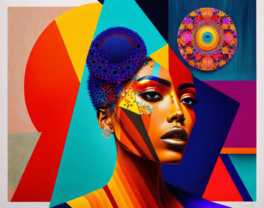 Colorful digital artwork featuring woman with bold makeup and decorative patterns.