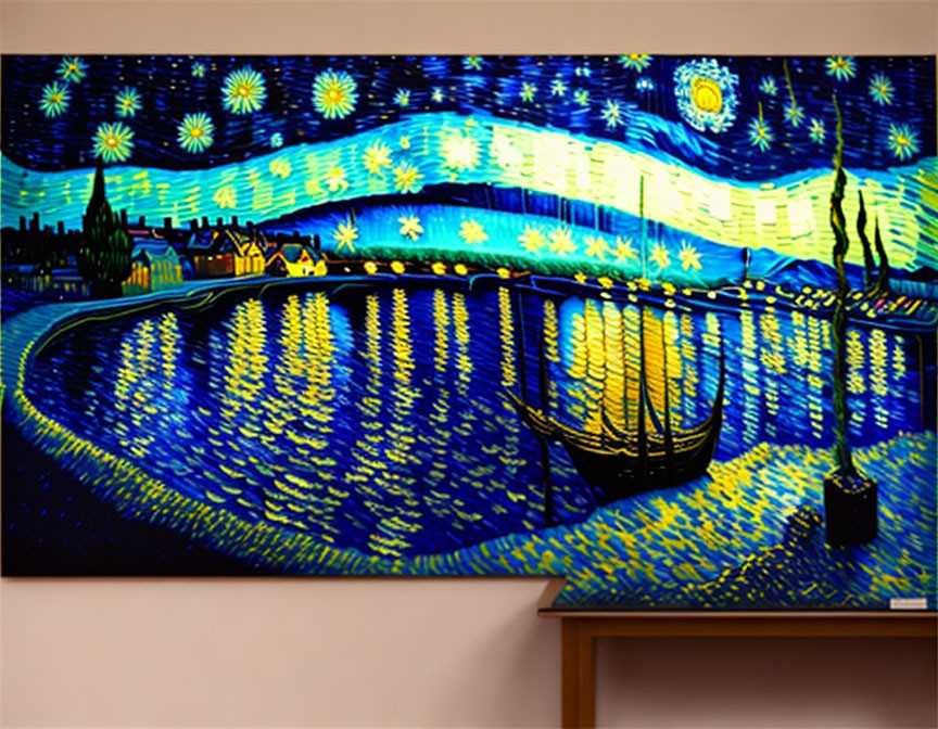 Framed painting of vibrant night sky reflected on water above wooden table