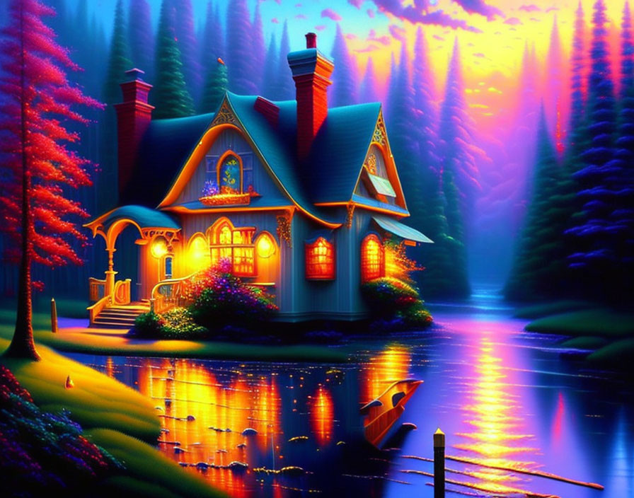 Tranquil river twilight scene with glowing cottage and forest hues