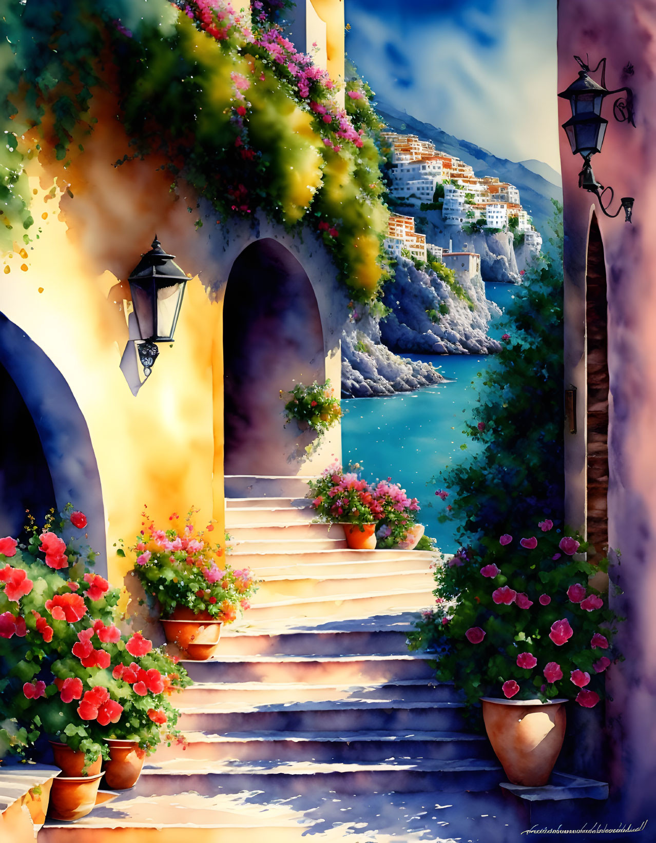 Colorful Mediterranean Seaside Village Illustration with Blooming Flowers and Sea View