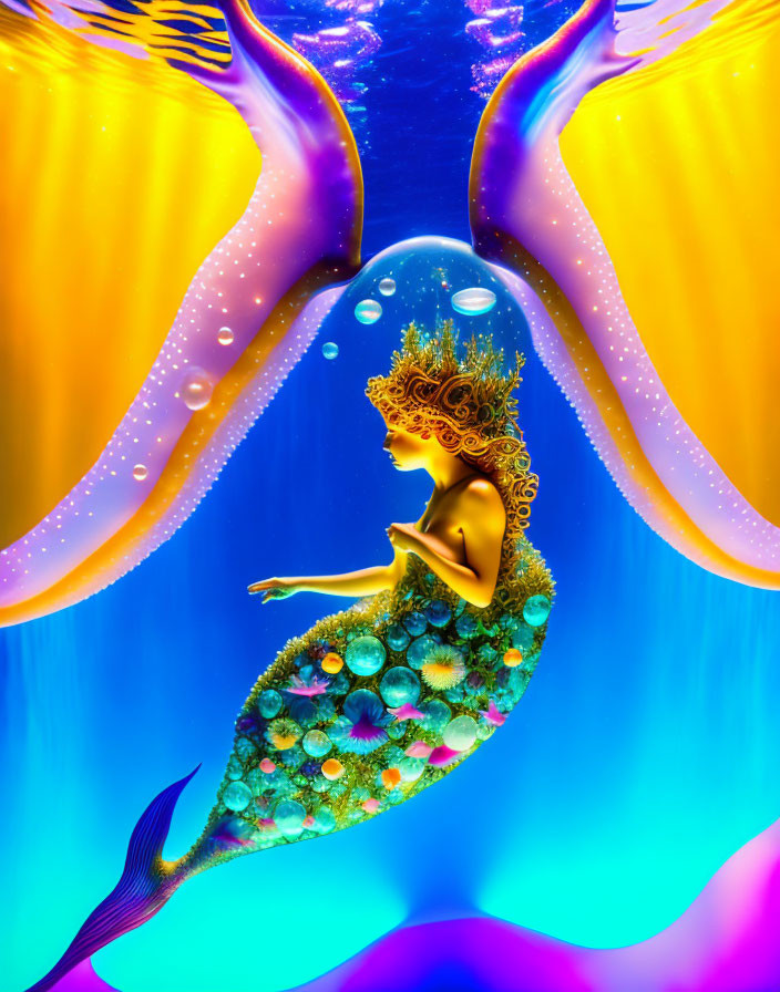 Vibrant mermaid digital artwork with colorful tail and intricate crown in luminous underwater setting