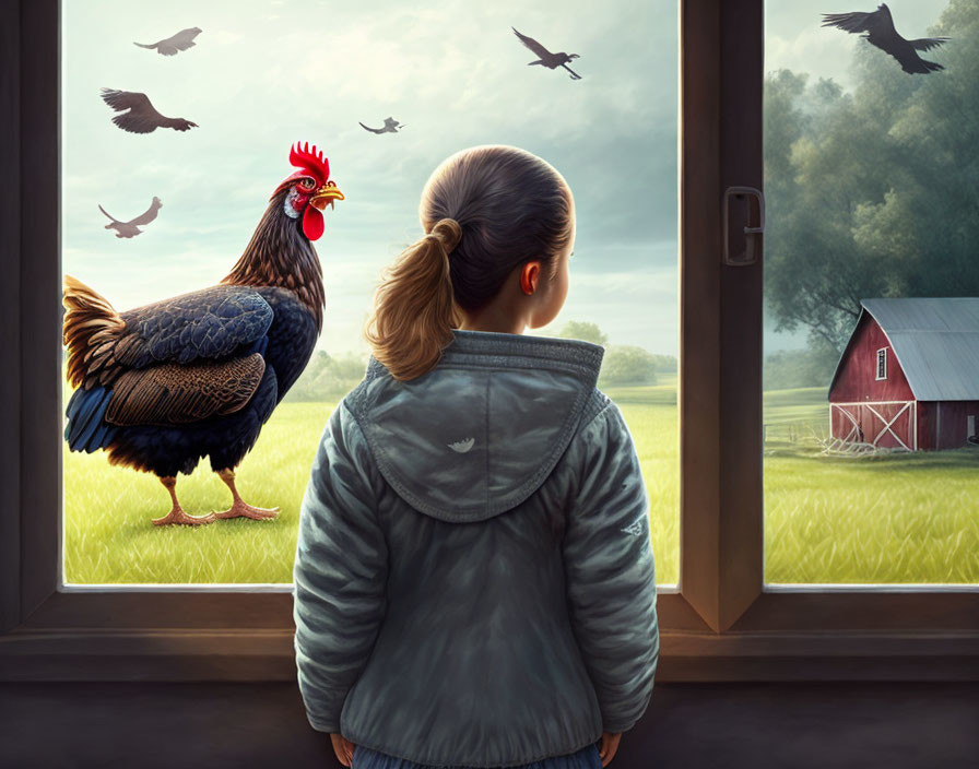 Young girl and rooster by window in rural scene with barn and flying birds under cloudy sky