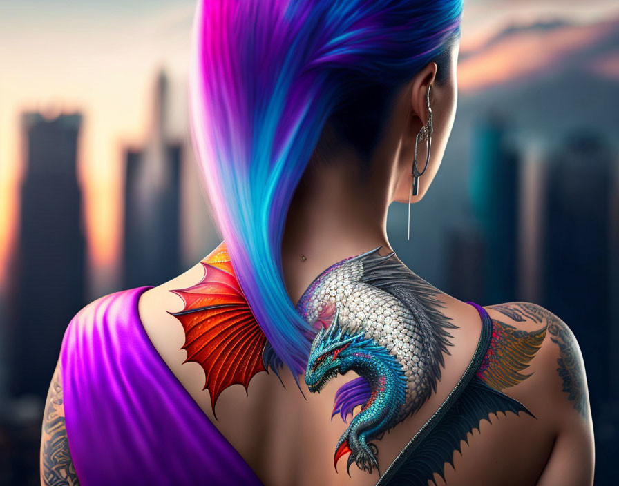 Vibrant hair color and detailed dragon tattoo overlooking cityscape at sunset