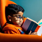 Child reading book in glasses on orange chair, blue background