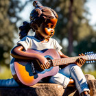 Young girl playing acoustic guitar outdoors on a rock
