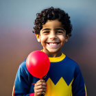 Curly-Haired Boy with Red Balloon Smiling in Front of Striped Background