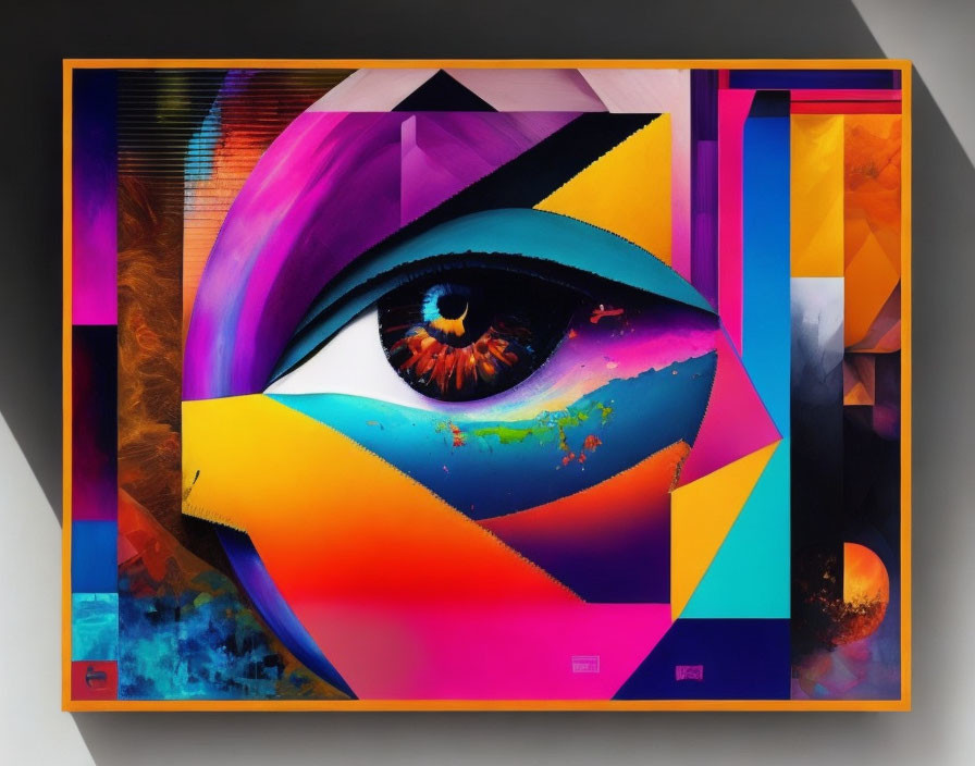 Colorful Geometric Artwork: Central Eye Surrounded by Shapes