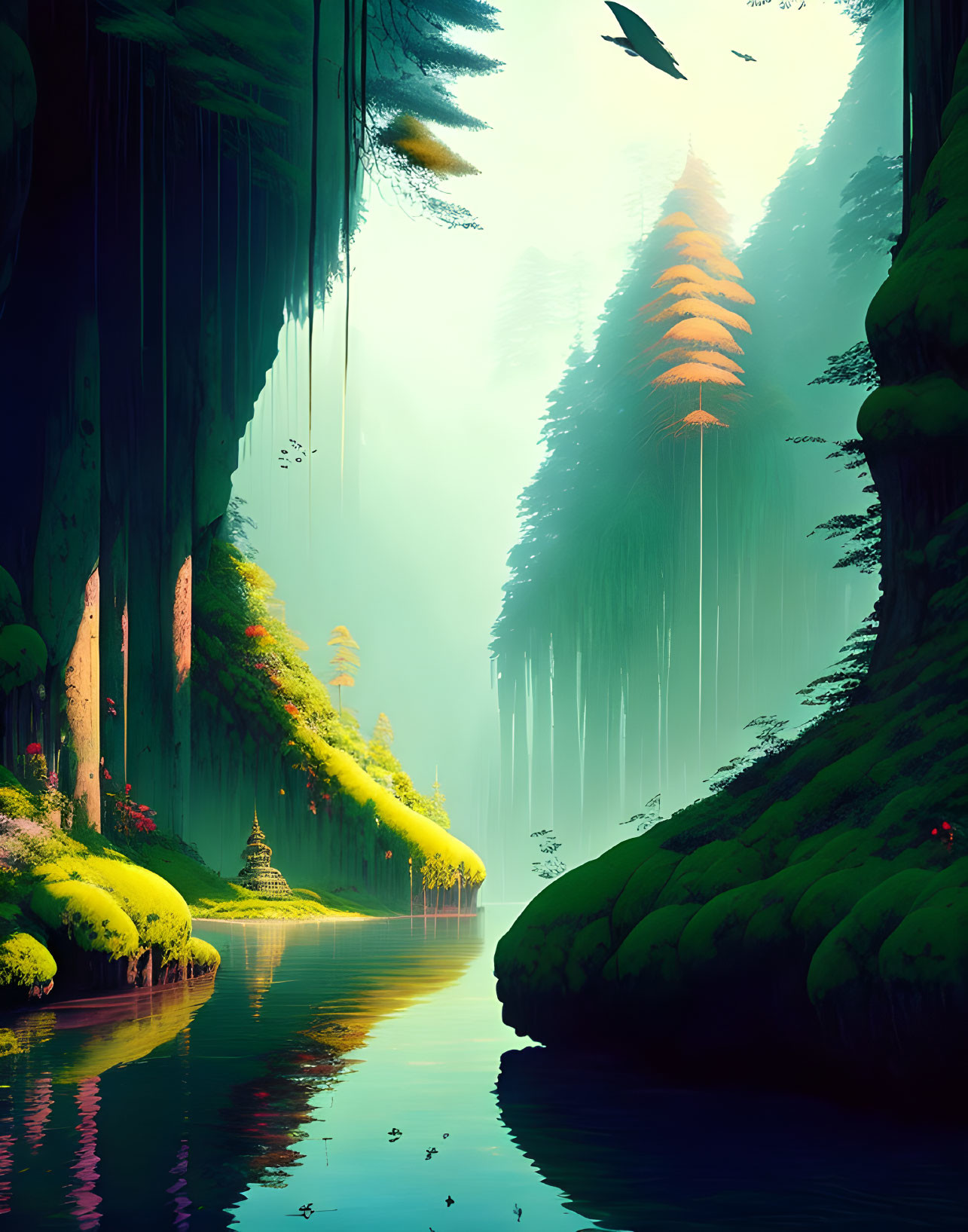Tranquil forest scene with towering trees, serene river, and lush greenery