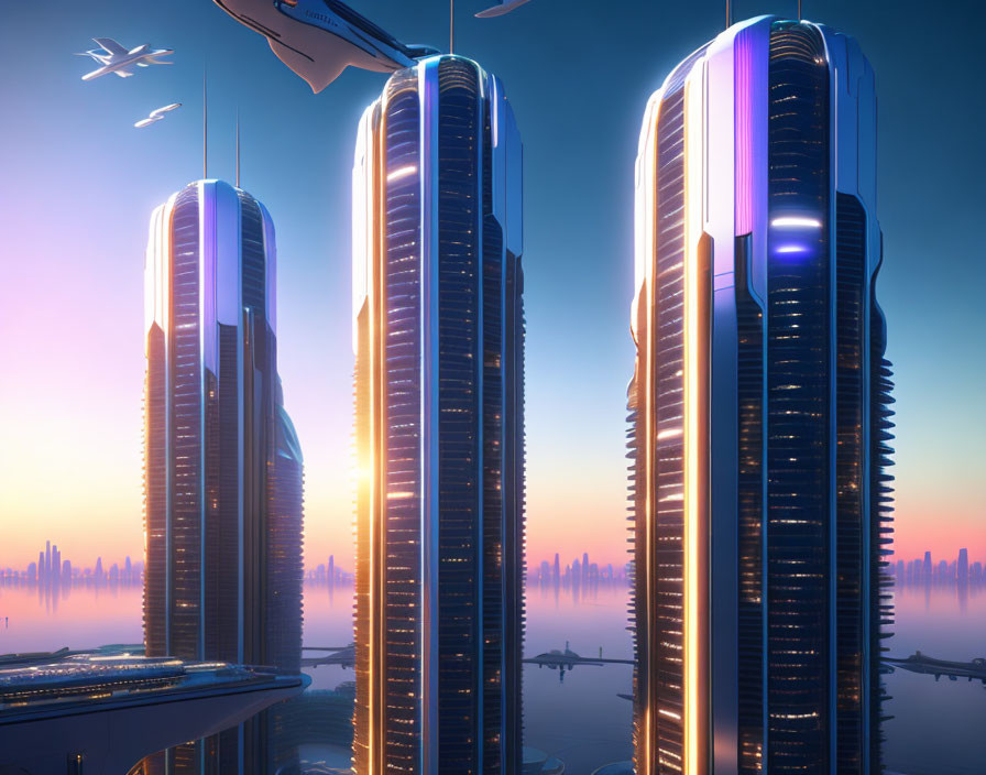 Futuristic cityscape with skyscrapers, flying vehicles, and pinkish sunset glow