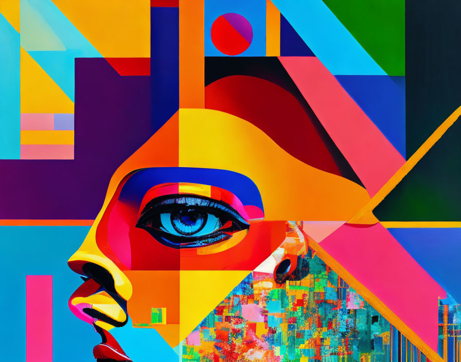 Colorful Abstract Portrait Featuring Geometric Shapes and Human Eye