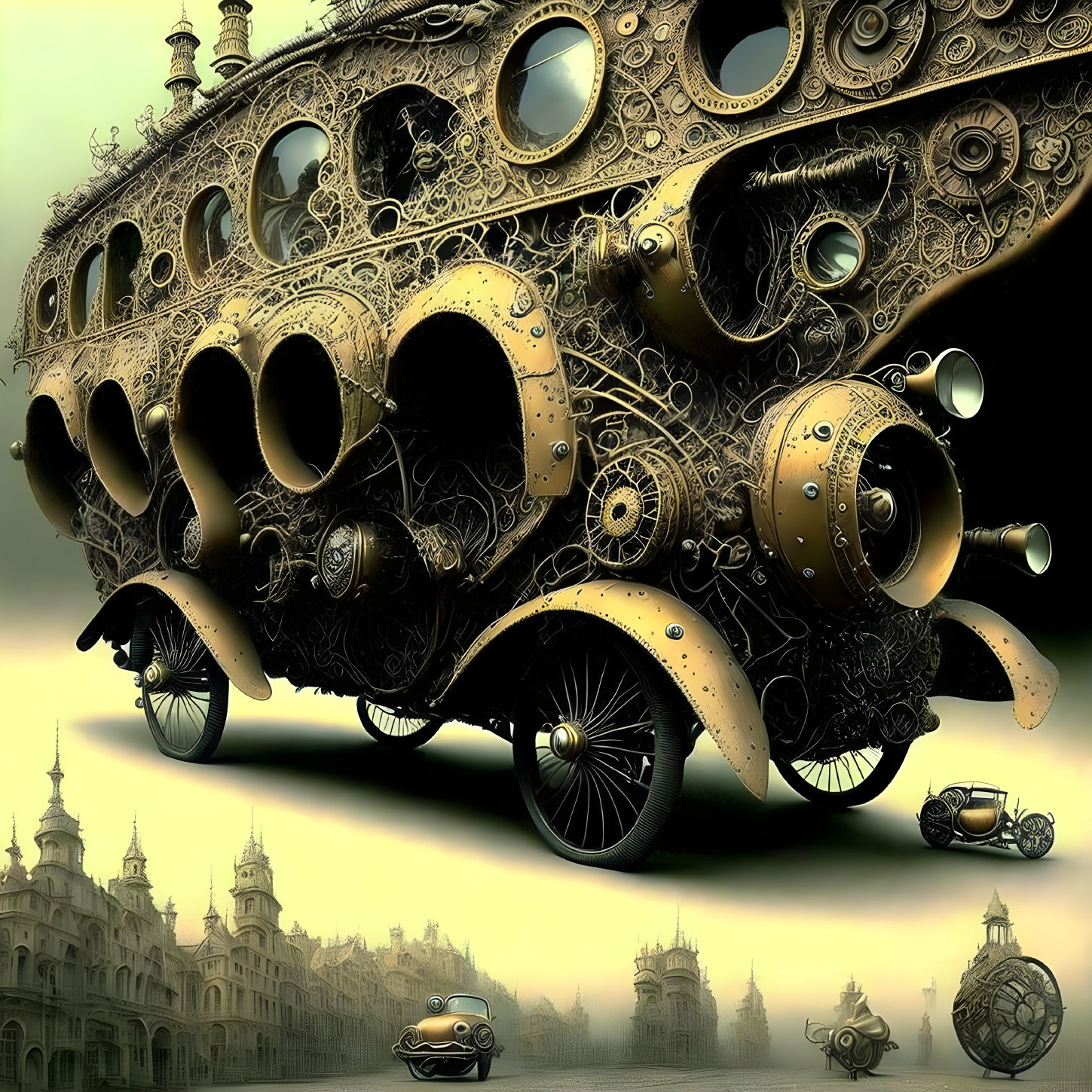 Fantastical vehicle with ornate gears and circular windows in intricate design