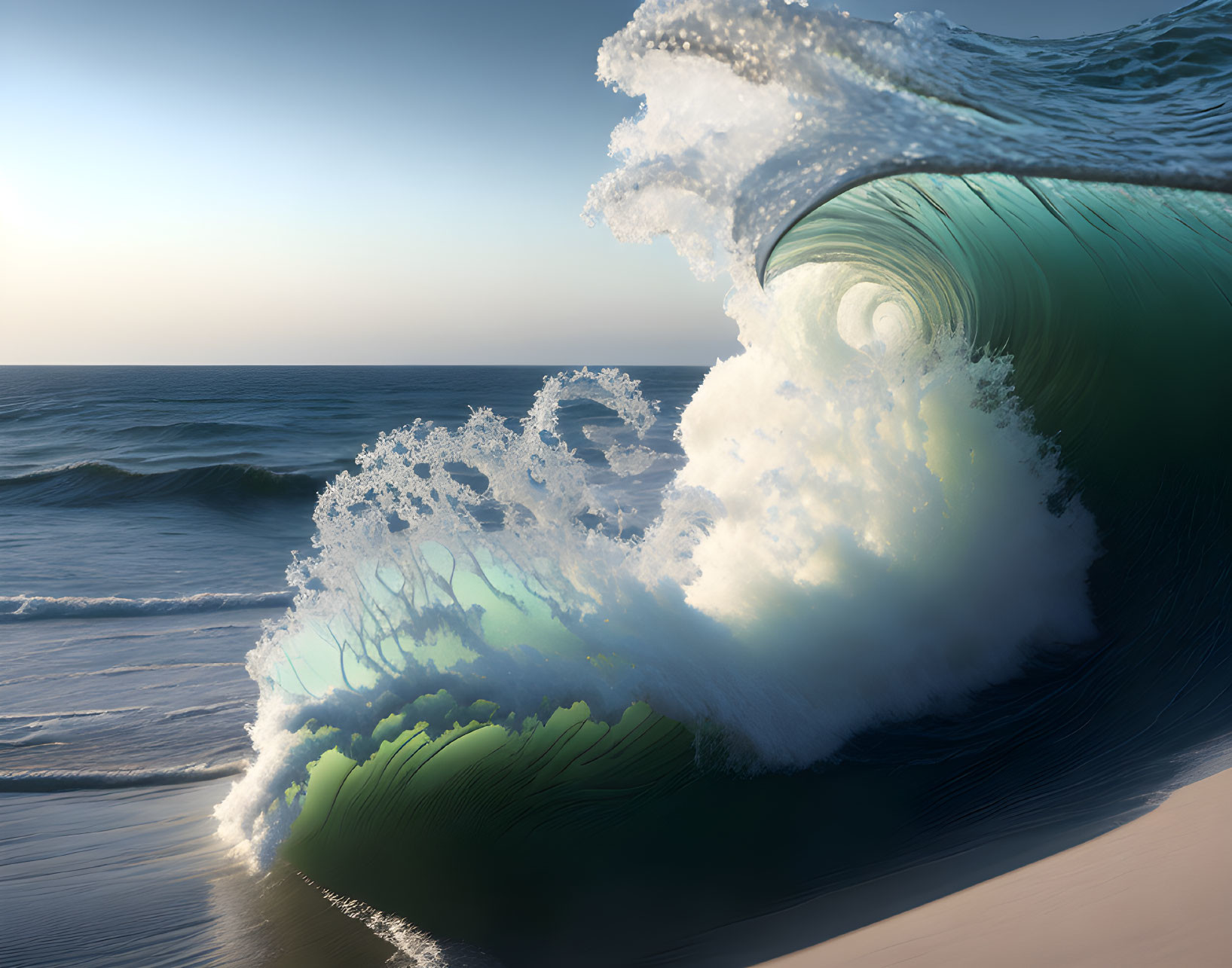 Majestic curling wave with white foam on serene ocean backdrop