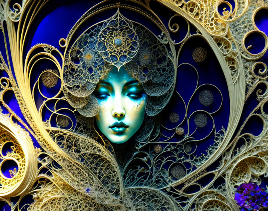 Intricate digital artwork of woman's face in ornate gold filigree swirl