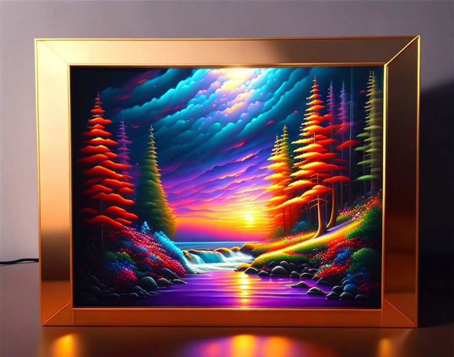 Colorful Luminescent Landscape Painting with River and Glowing Trees