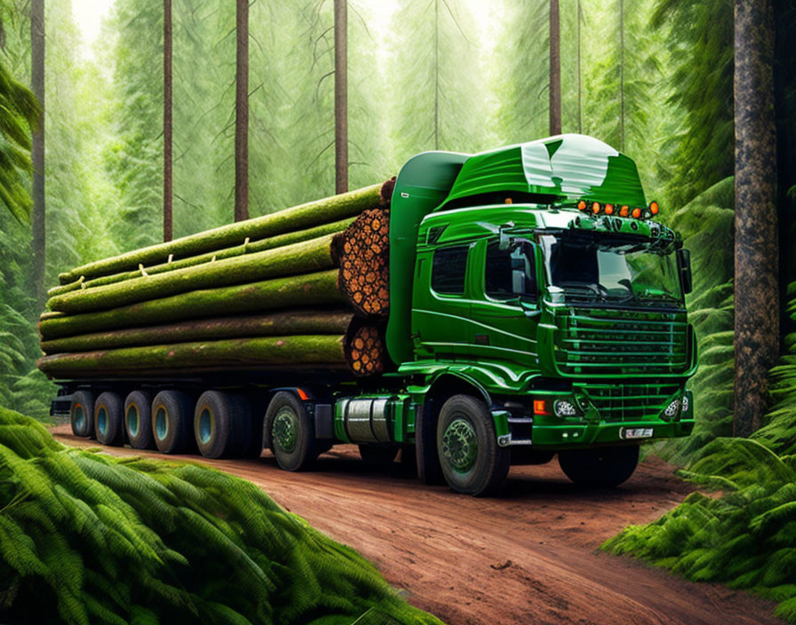 Green logging truck carrying long logs on dirt road in foggy forest