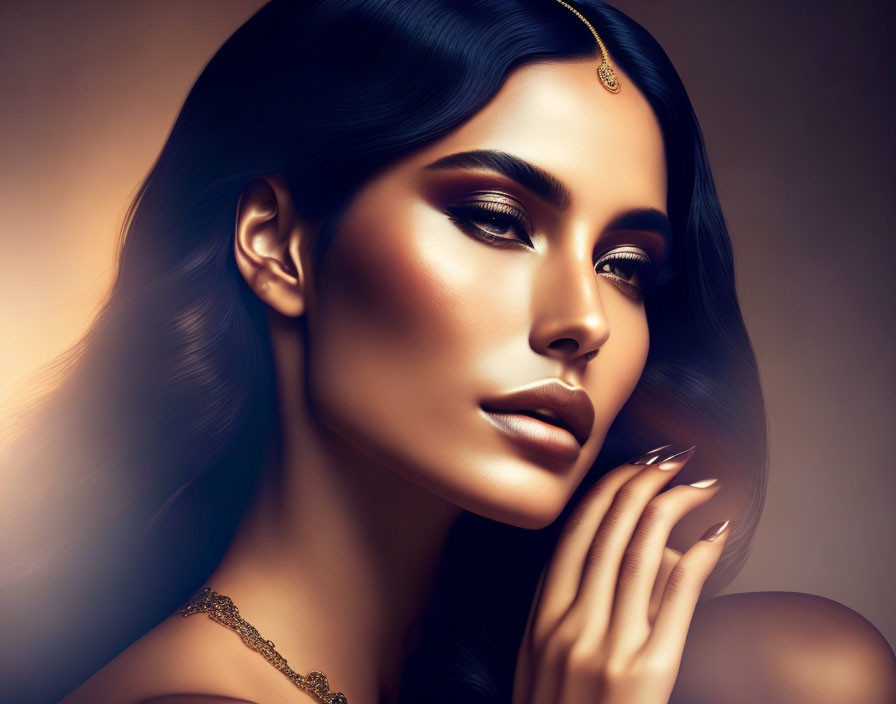 Woman's digital portrait with golden makeup, dark hair, headpiece, and elegant pose.