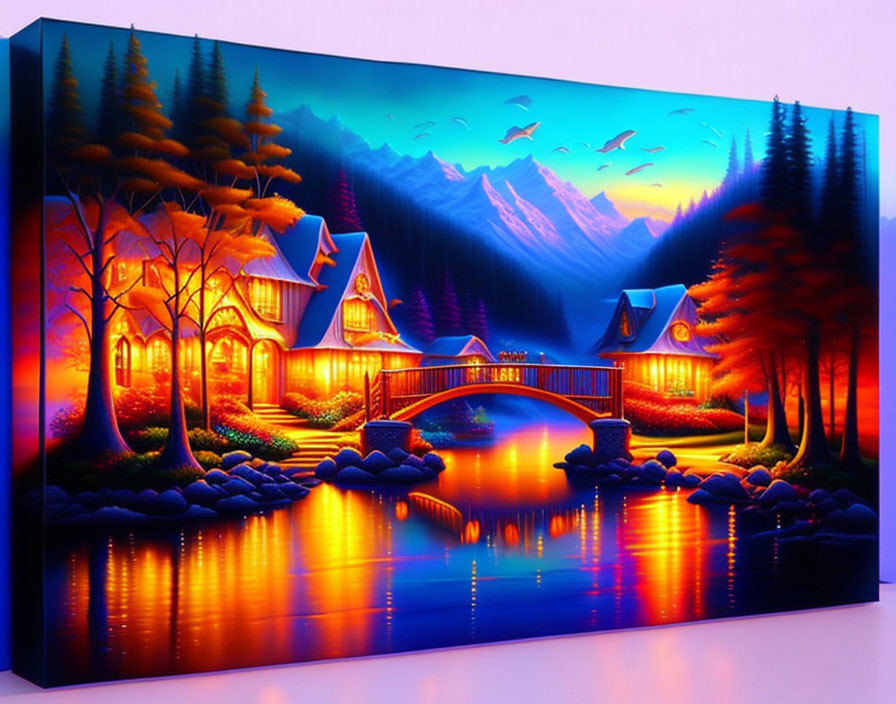 Scenic landscape painting: cottages, lake, pine trees, mountains, birds at dusk