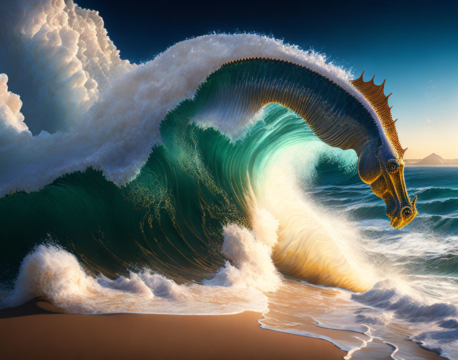 Dragon-themed wave art merging with beach and sunset scene.