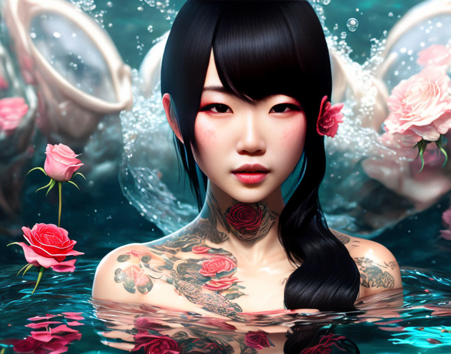Digital Artwork: Asian Woman with Tattoos in Water with Roses and Abstract Shapes