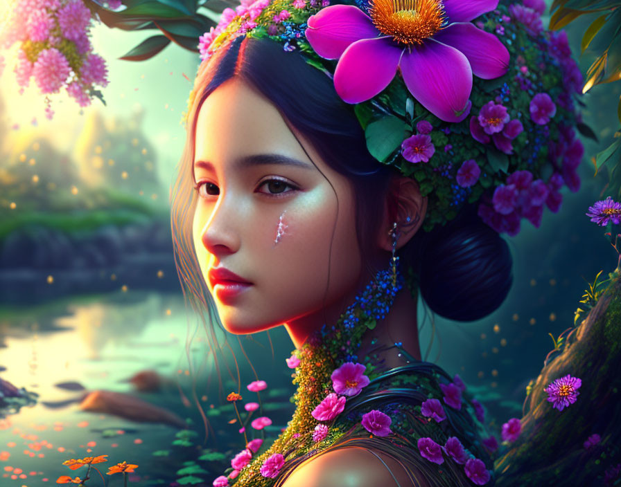 Digital Art Portrait: Woman with Flowers by River at Dusk