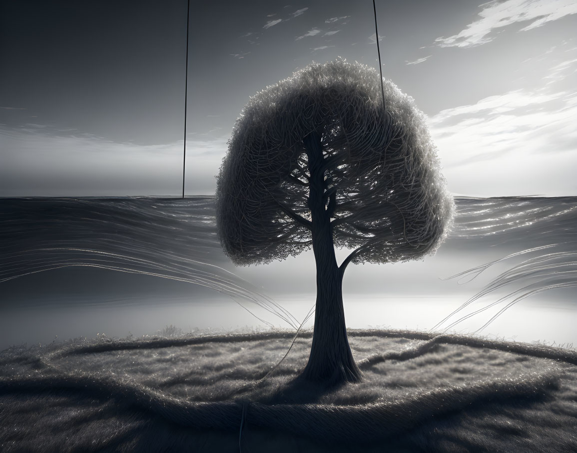 Monochrome surreal image of fluffy tree canopy in vast sky