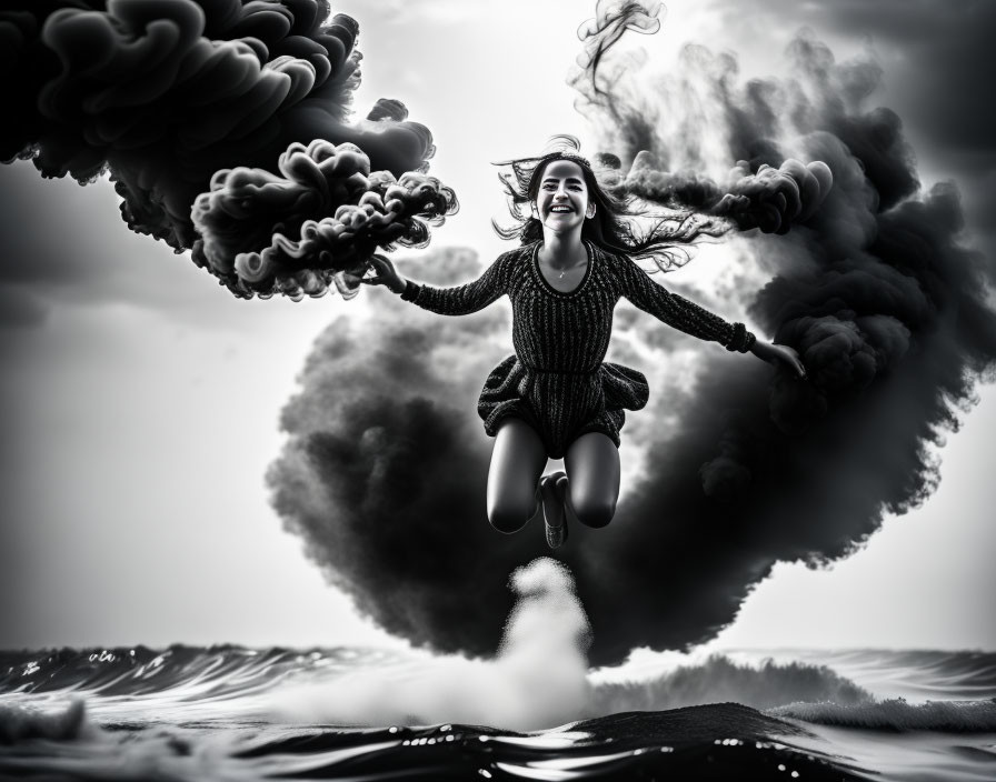 Monochrome image of girl leaping over stormy sea waves