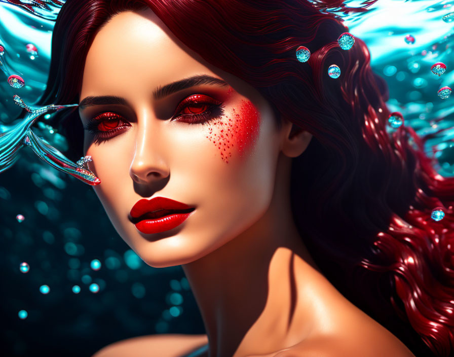 Digital artwork of woman with red lipstick and red hair against blue backdrop with gemstones
