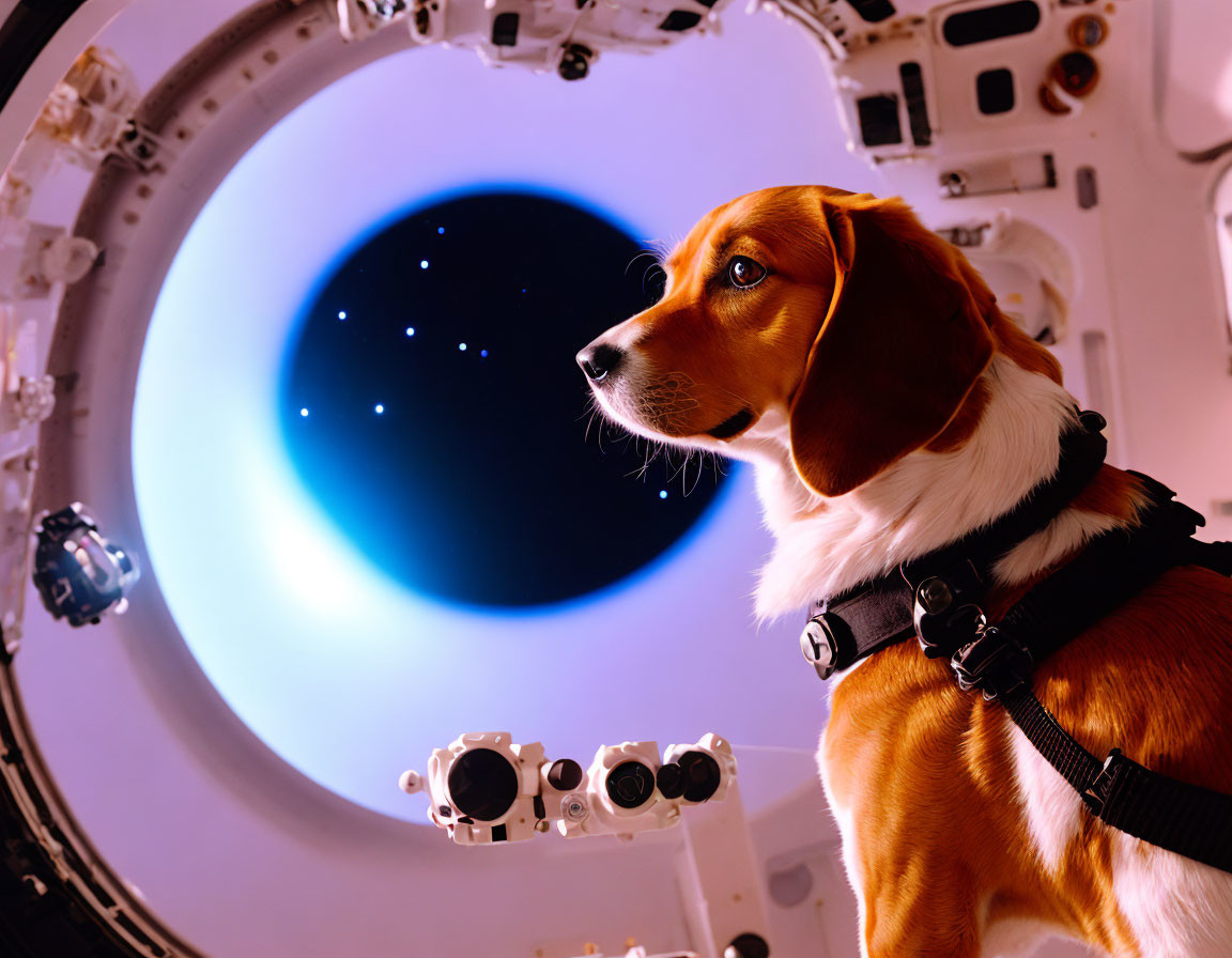 Beagle in Spacesuit gazes at Earth from spacecraft.