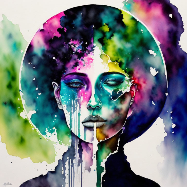 Vibrant cosmic-themed watercolor painting of stylized face