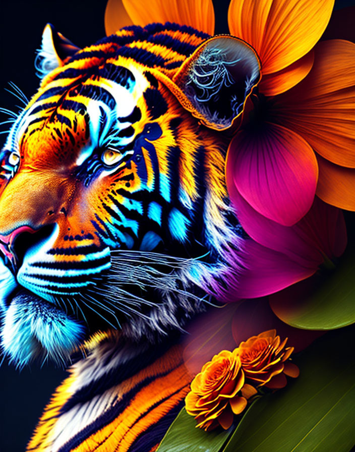 Colorful Tiger Face Artwork with Neon Blue Stripes and Exotic Floral Background