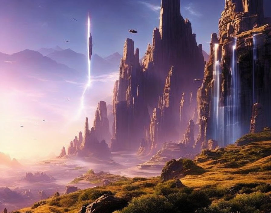 Sci-fi landscape with rock formations, waterfalls, grasslands, and flying ships.