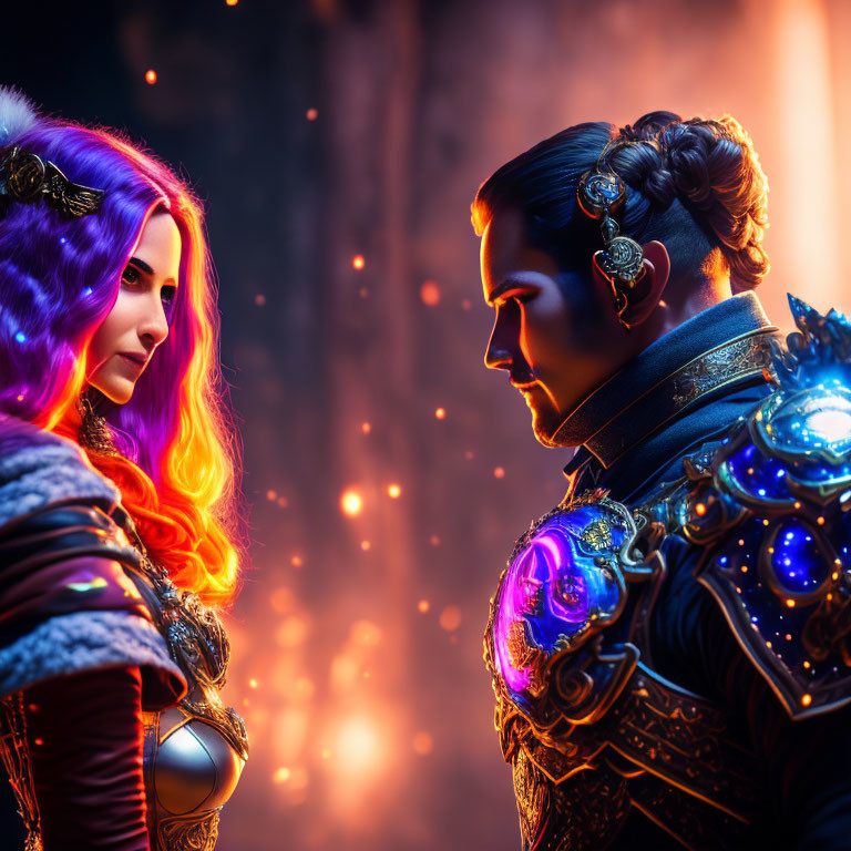 Man and woman in fantasy costumes with glowing elements against colorful backdrop