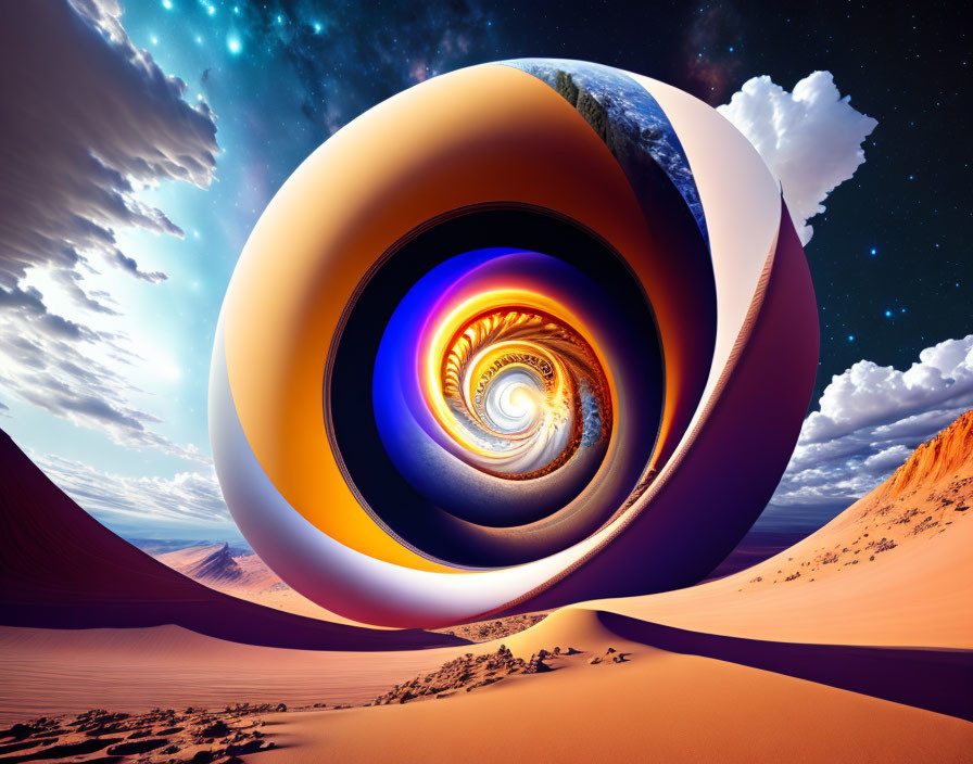 Surreal digital artwork: Spiraling portal blending desert sands, cosmic scenery, and terrestrial landscapes