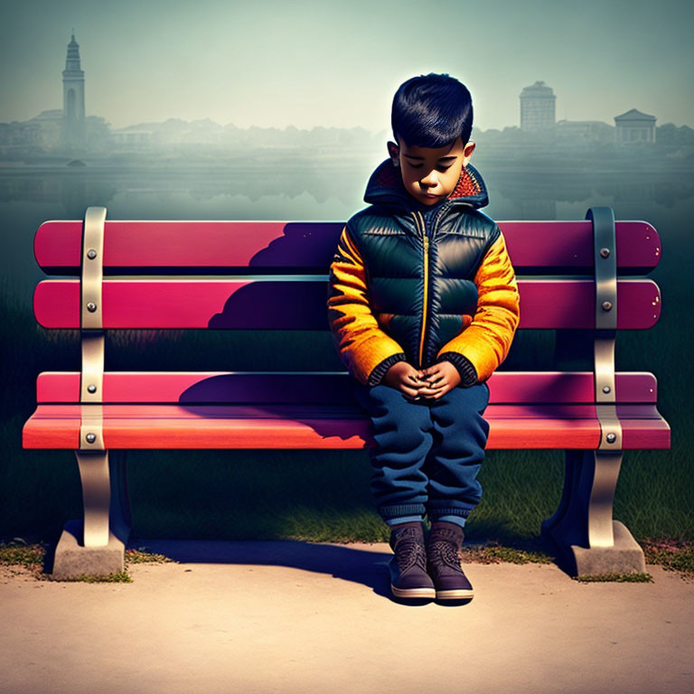 Child in Colorful Jacket Contemplating on Park Bench with Cityscape Background