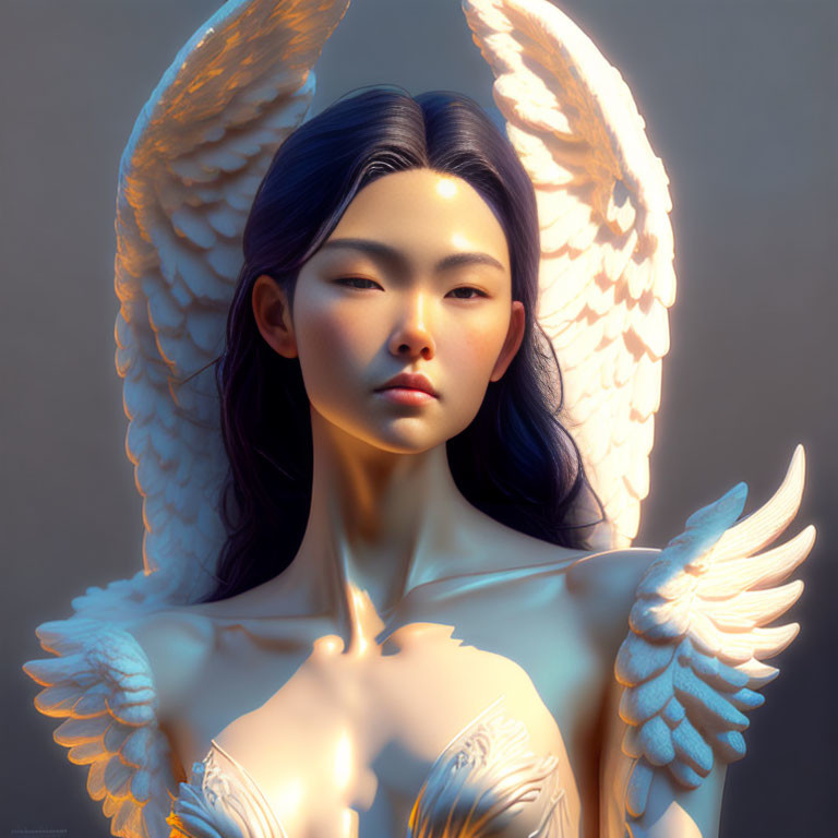 Digital artwork: Serene woman with angel wings in warm light